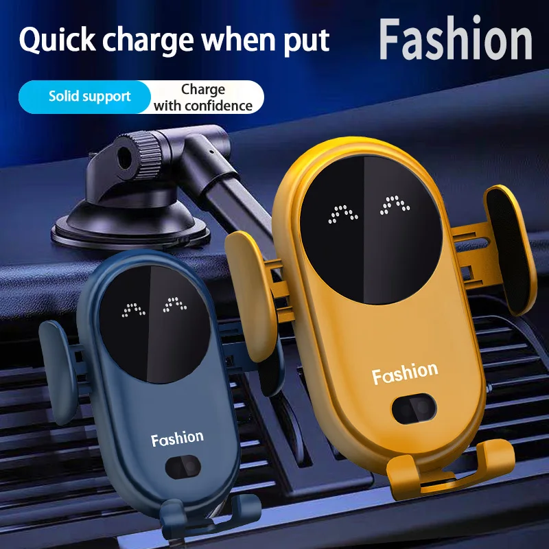 

Car Phone Holder Wireless Charger LED Cartoon Smile Face Air Vent Phone Bracket Electric Clip for iPhone 12 11 Samsung Xiaomi
