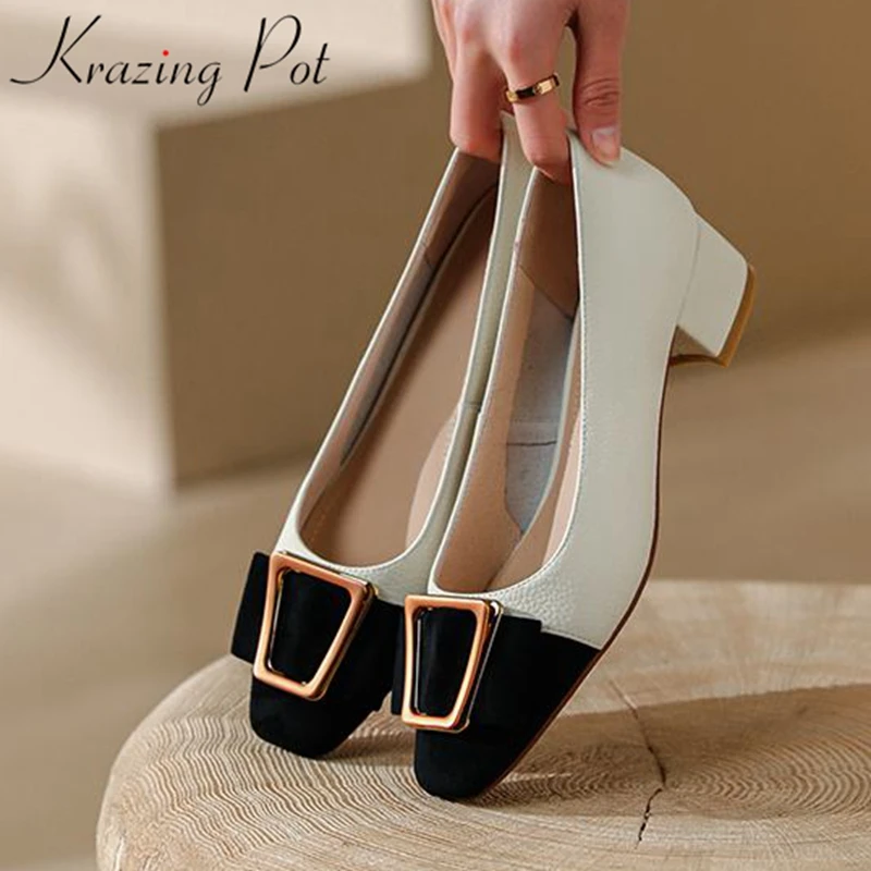 

Krazing Pot ins genuine leather square toe med heels shallow summer spring shoes mixed color elegant bow tie slip on women pumps