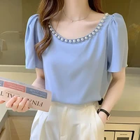elegant solid color beading oversized puff sleeve chiffon blouse summer casual pullovers loose commute womens clothing shirt