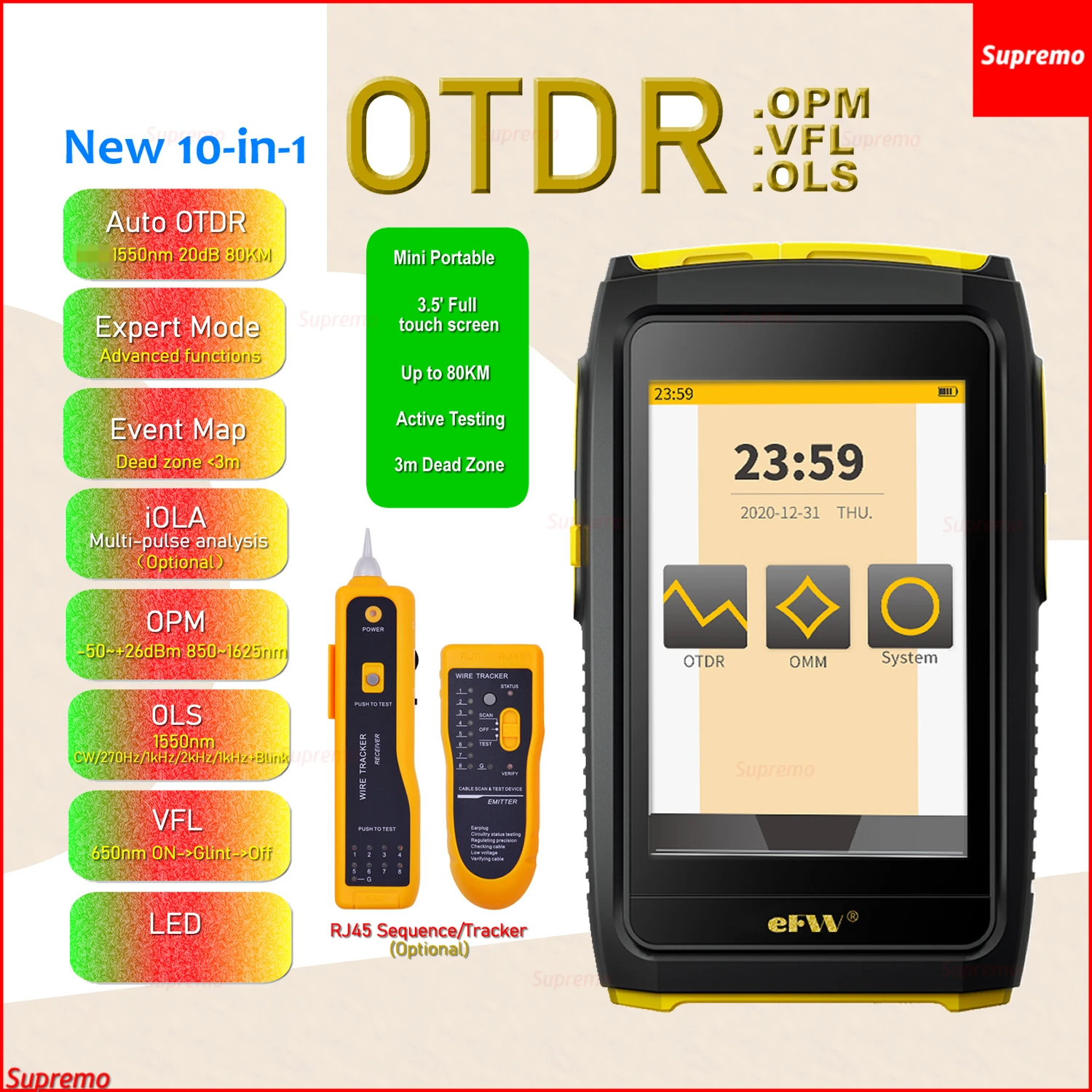 

eFVV-100U 100A Active testing 1550nm mini OTDR LS Optical Reflectometer 10mw VFL -50 26dB OPM Full Touch Light Source 80km 20dB