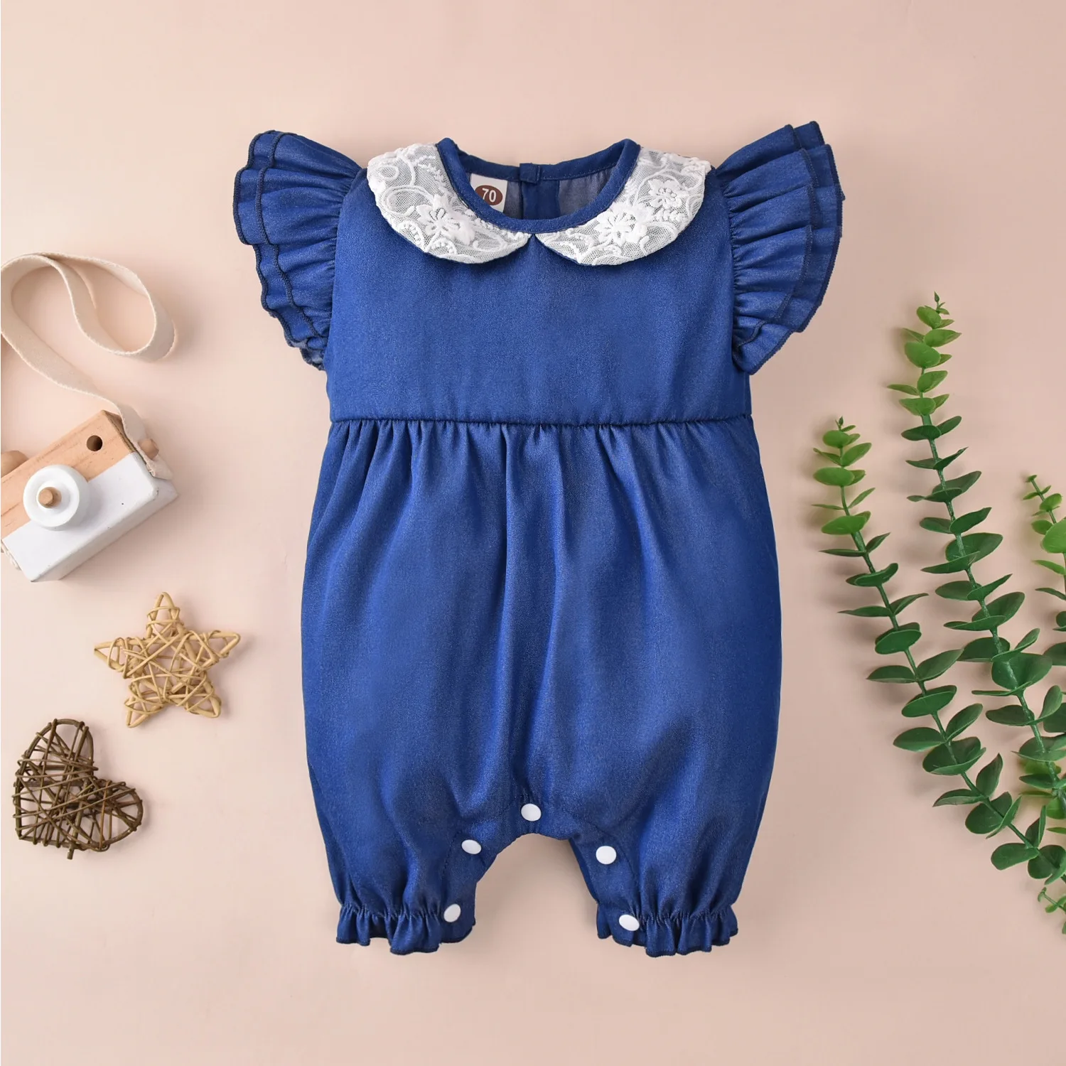 

Summer Newborn Baby Girls Romper Fashion Lace Doll Collar Flying Sleeves Bodysuit Infant New Fashion Denim Jumpsuit
