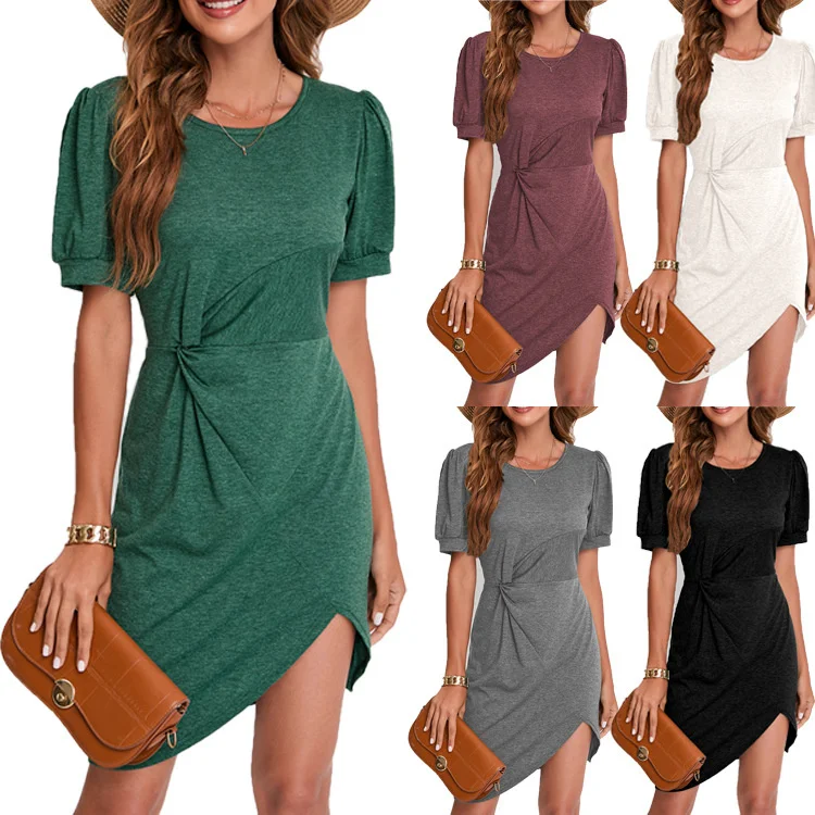 

2022 Women's Burst Short Sleeve Round Neck Twisted Irregular Dress
