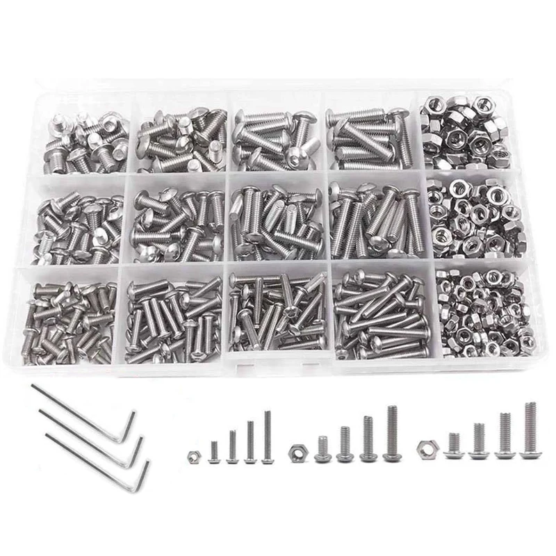 

500Pcs M3/M4/M5 304 Stainless Steel Hexagon Socket Button Button Round Head Screw Bolt Nut Set With Hexagon Wrench