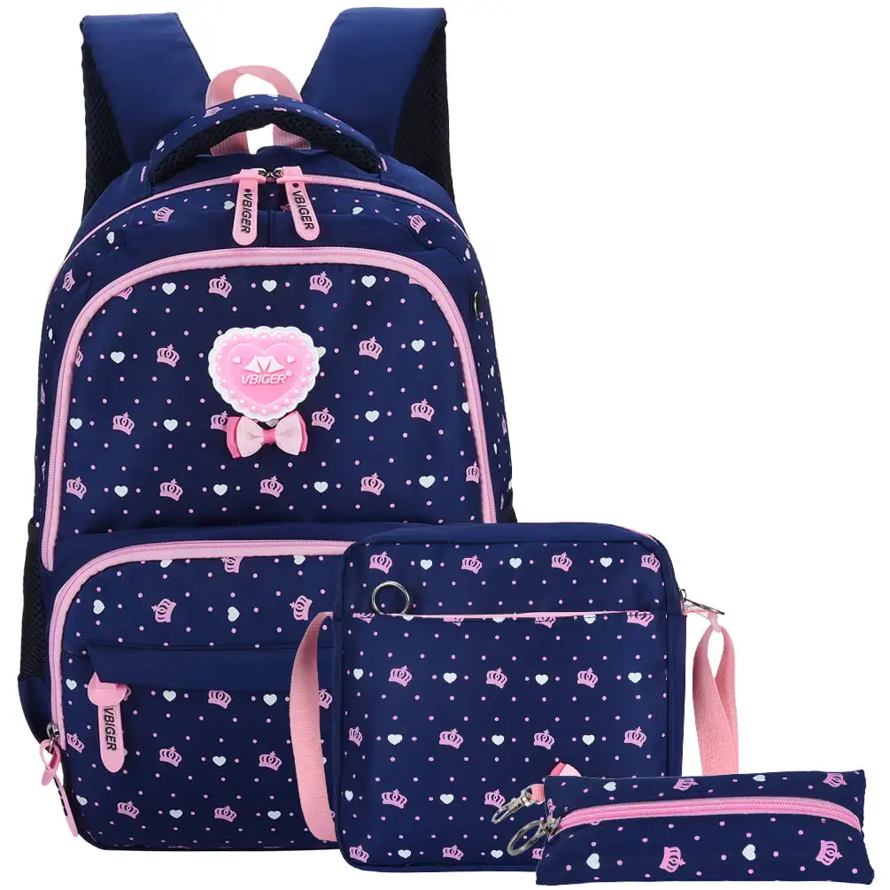 

3-in-1 School Bags Casual Student Daypack Chic Nylon Style Lightweight Backpack Set for Teenage Girls, Dark Blue
