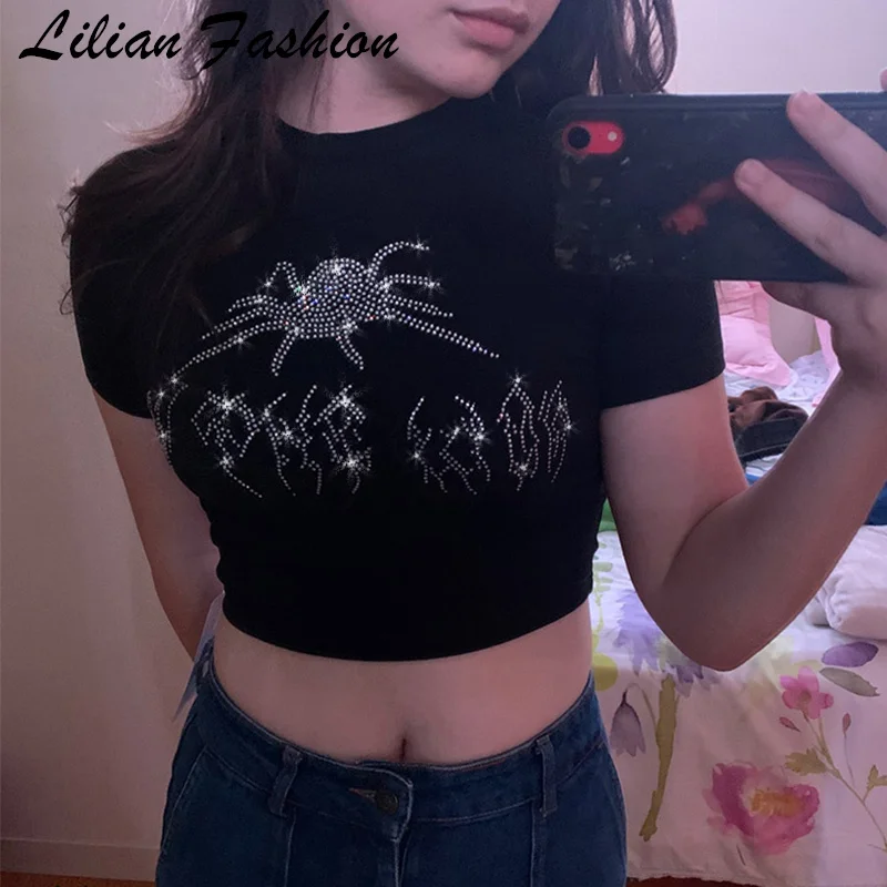 

Female T-shirt Y2k Shiny Drill Vintage Tank Tee Rhinestone Spider Graphic Black Crop Tops O-neck Short Sleeve T-shirts Clothes