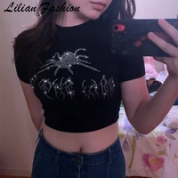 female t shirt y2k shiny drill vintage tank tee rhinestone spider graphic black crop tops o neck short sleeve t shirts clothes