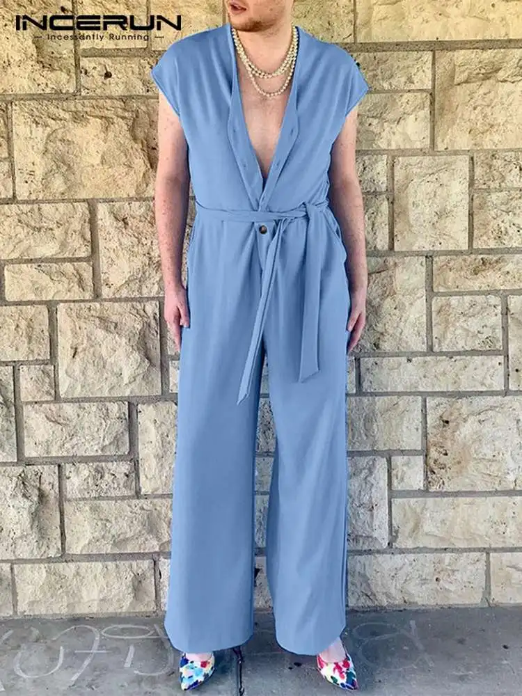 

INCERUN 2022 American Style New Men's V-Neck Sleeveless Rompers Fashion Casual Male Hot Sale Solid All-match Tie Jumpsuit S-5XL