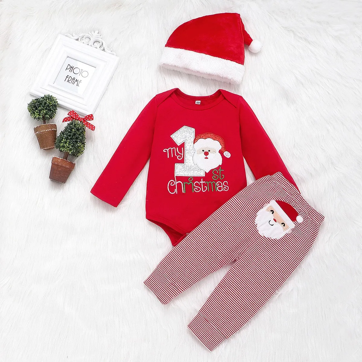 Christmas Baby Clothes Winter Suit Boys And Girls Santa Claus Top Striped Trousers Christmas Hat Three Piece Set 0-2 Years Old