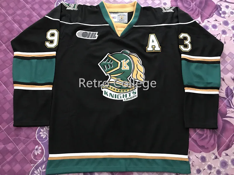 

93 Mitch Marner London Knights Black white Green Hockey Jersey Embroidery Stitched Customize any number and name Jerseys