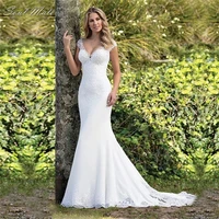 sexy v neck mermaid wedding dress 2022 for women lace appliques bridal gown illusion backless bridal dress vestidos de noiva
