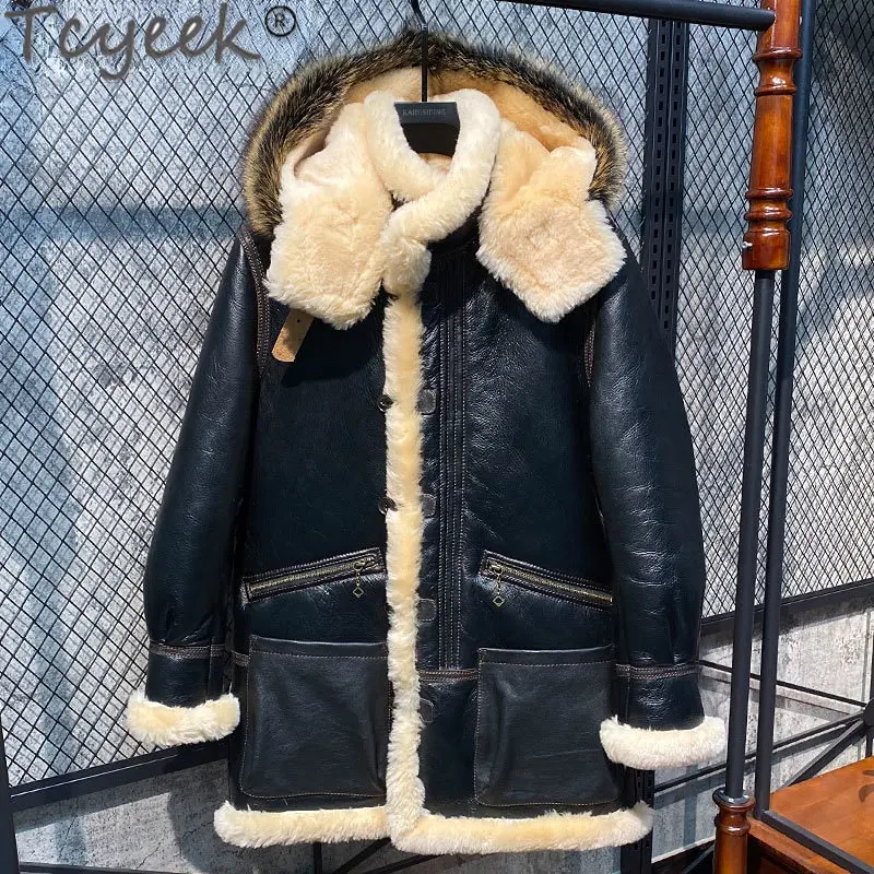 

2022 Winter Natural Fur Coat Men Extra Thickened Original Sheepskin Fur Jacket Bomber Jackets Vintage Long Coats Hood Abrigos FC