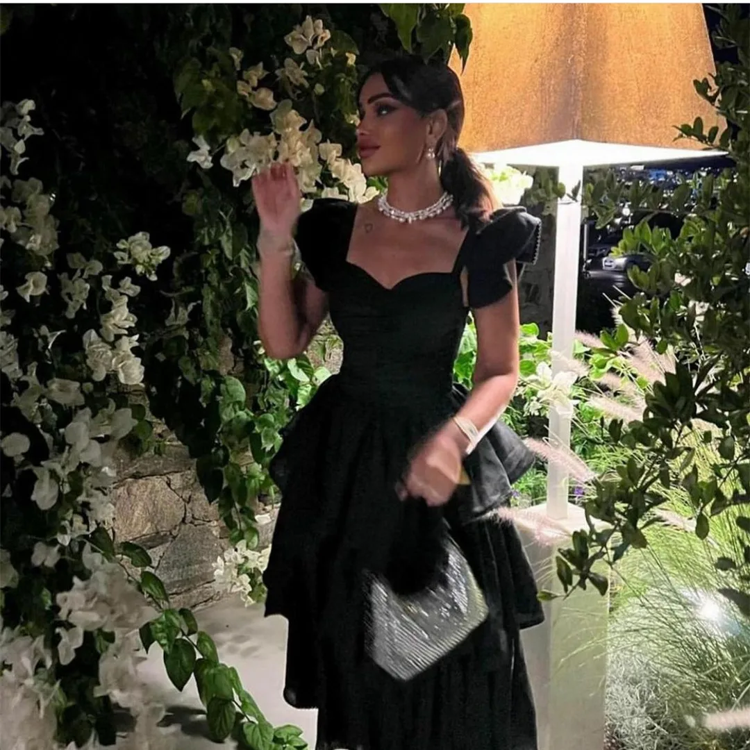 

Elegant Short Sweetheart Taffeta Evening Dresses A-Line Black Prom Party Dress Cap Sleeve Ruched Tea Length فساتين السهرة