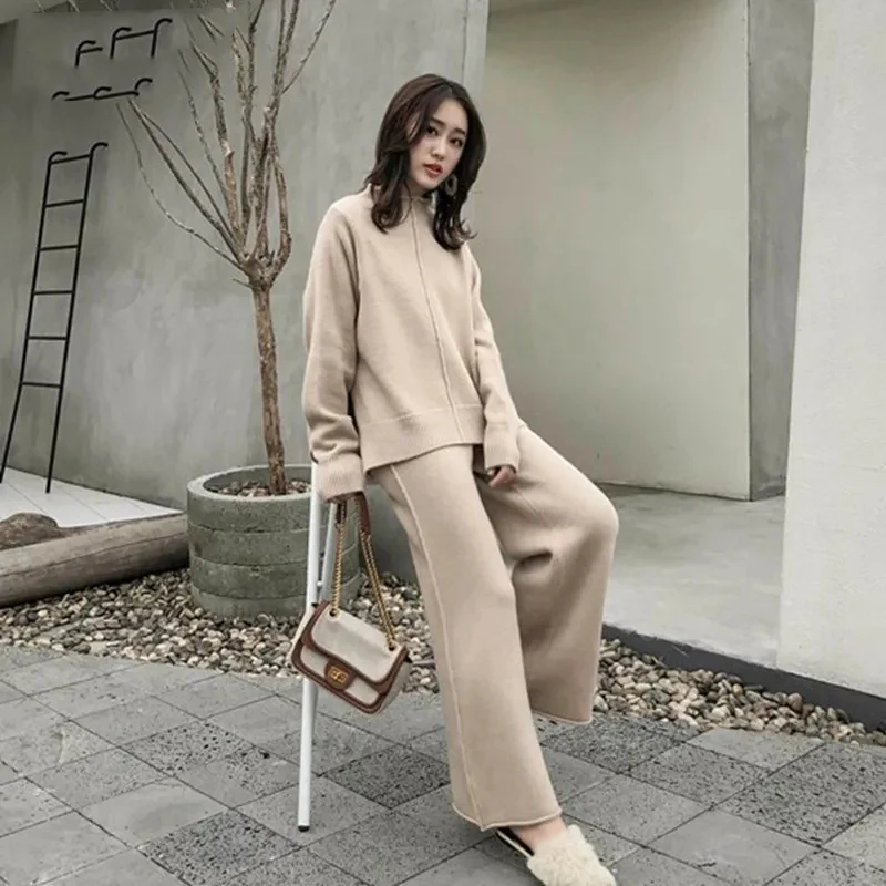 

Knitting Female Sweater Pantsuit for Women Two Piece Set Knitted Pullover V-neck Long SleeveTop Wide Leg Pants Suit Warm Autumn