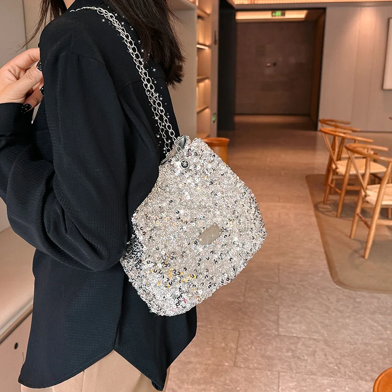 

Fashion Sequined Women's Bucket Bag Handbags Female Crossbody Shoulder Bag Tote Purse Chain Messenger Bag Lady Handbag сумка