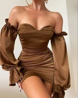 one piece summer dresses woman 2022 new fashion off shoulder satin ruched frill hem party mini dress