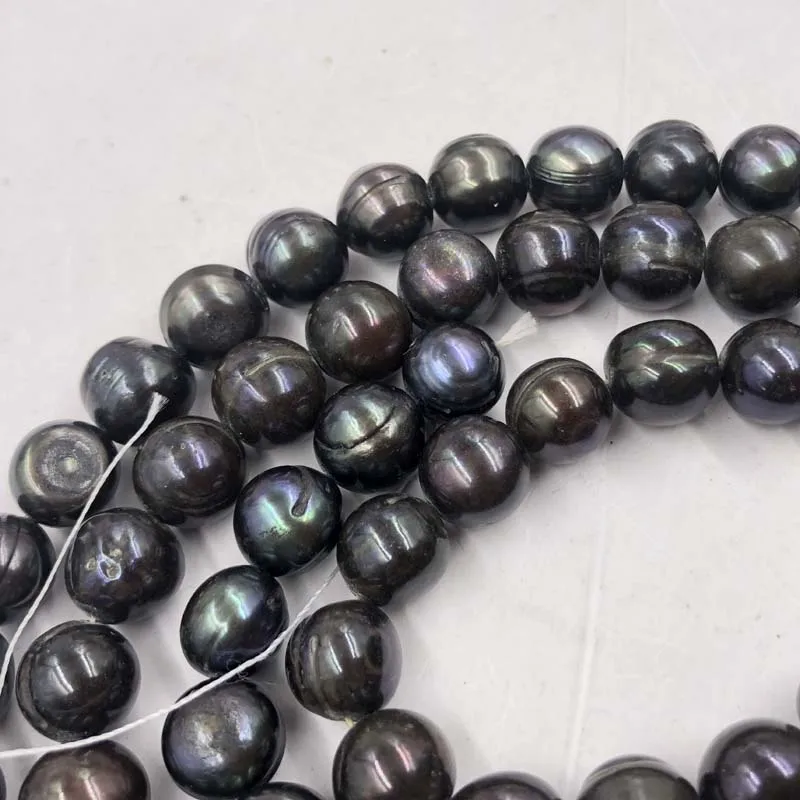ELEISPL Lots 2 Strands 11-12mm Deep Black Freshwater Pearl Strings Near Round Potato #22010337-6