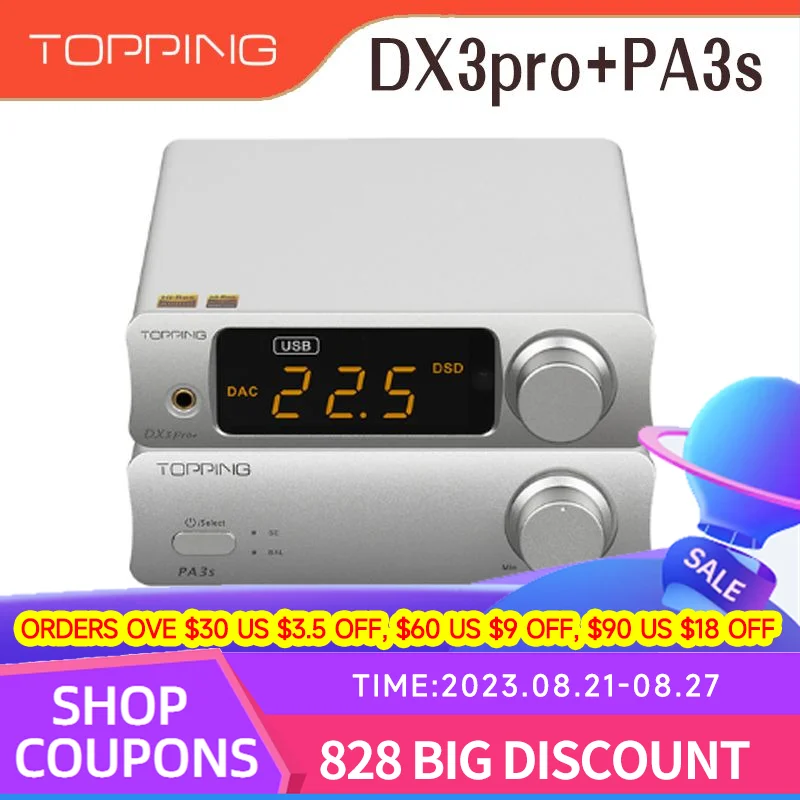 

TOPPING DX3PRO+ DAC Headphone Amplifier And TOPPING PA3s Power Amplifier Combo