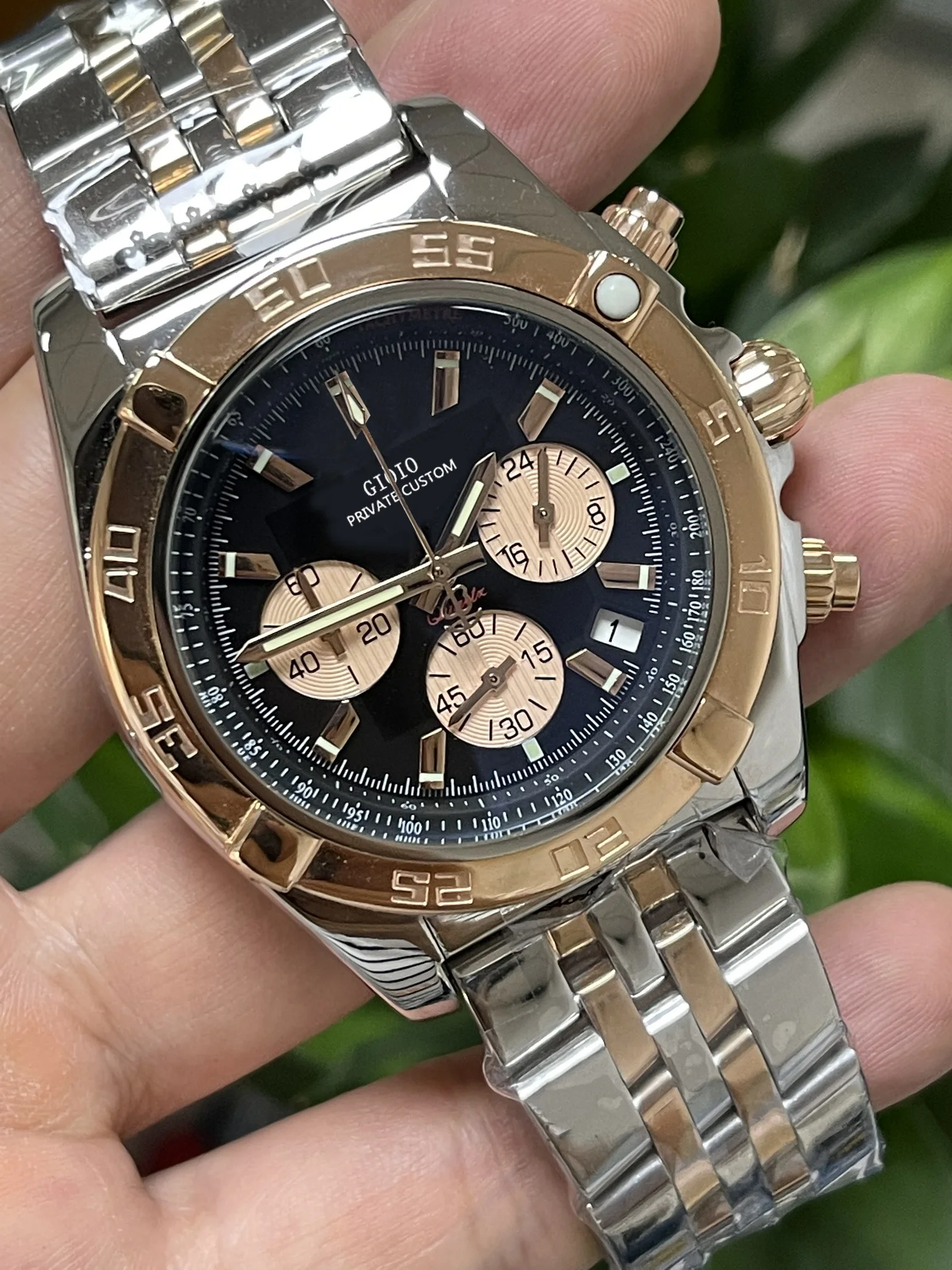 

Mens Quartz Chronograph Watch Rose Gold Black Blue Leather 43mm
