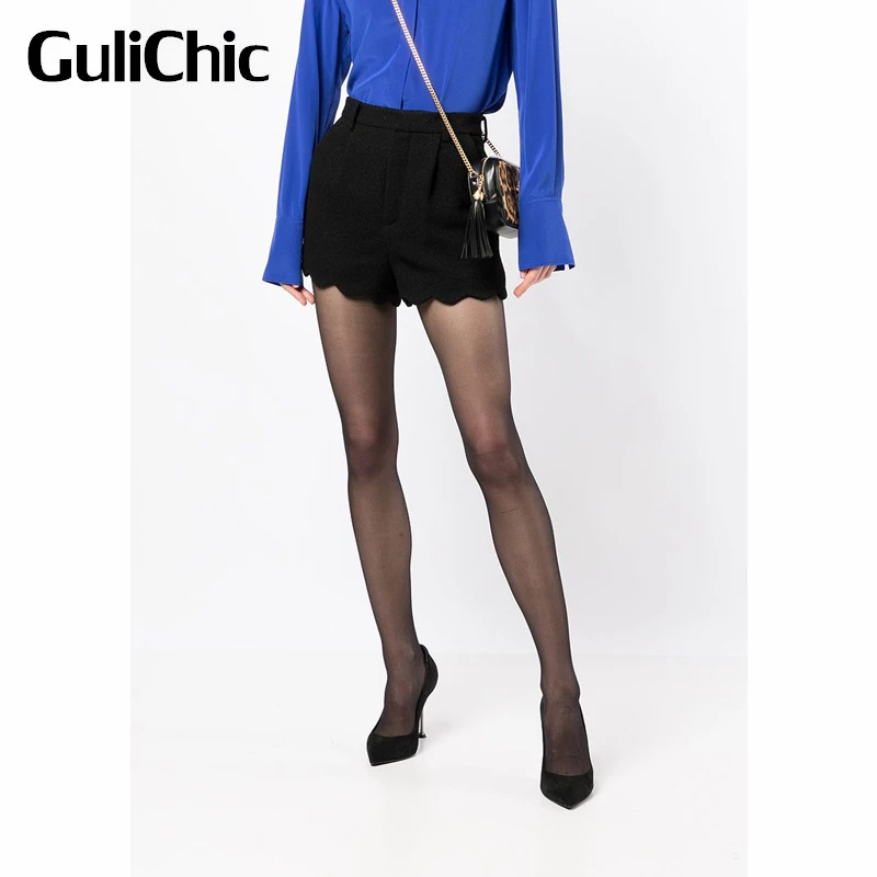 

4.4 GuliChic Black High Waist Tweed Wool Wave Cut Shorts Women With Chains Belt