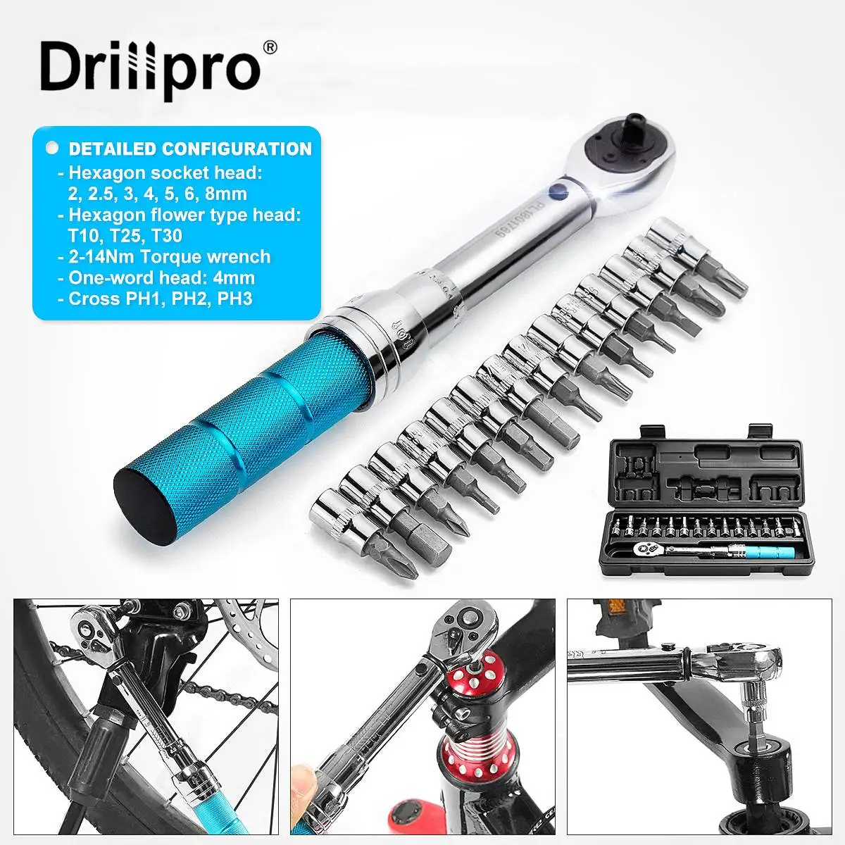 

15pcs Torque Wrench Set 1/4" 2-14Nm Bike Torque Wrench Allen Key Tool Socket Spanner Set Cycling Tool bicycle repair Tools kit