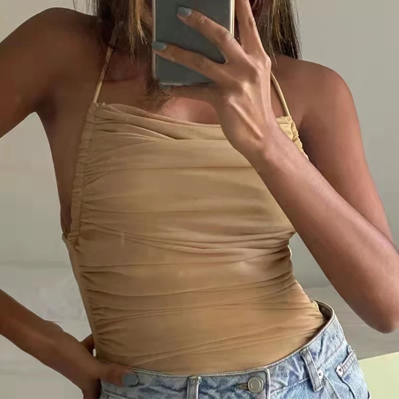 

Women Sexy Bodysuits 2022 Summer Spaghetti Strap Folds One Piece Y2k Solid Backless Bandage Romper Onesies Leotard Overalls
