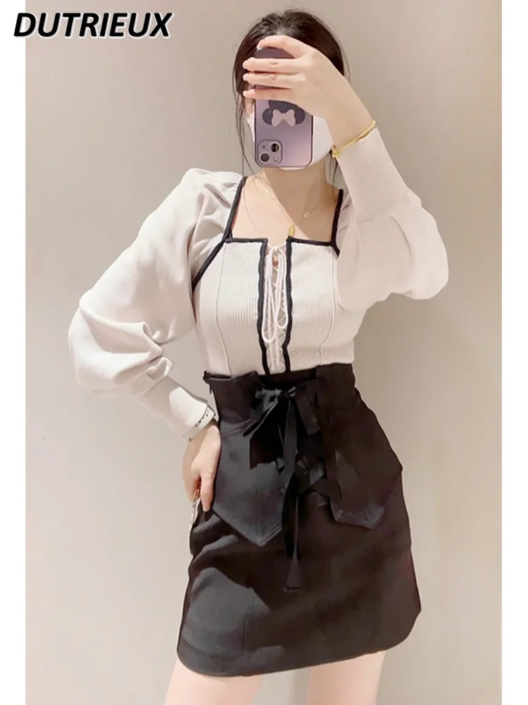 

Новинка, женская одежда на весну и осень, Милая женская верхняя одежда с длинным рукавом, пуловер с квадратным воротником, свитер со шнуровкой и рукавами-фонариками