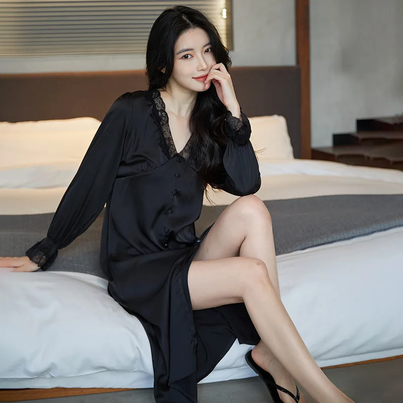 

Nightdress Women's Nightgown Summer Satin Silk Dress Long-sleeved Lace Sexy Long Sleepshirts Ladies Pajama Elegant Home Clothes