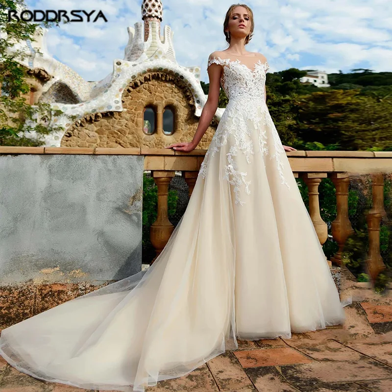

RODDRSYA Light Champagne Wedding Dress Cap Sleeves Illusion Back Vestido De Novia Tulle Sweep Train Bridal Gown Customized