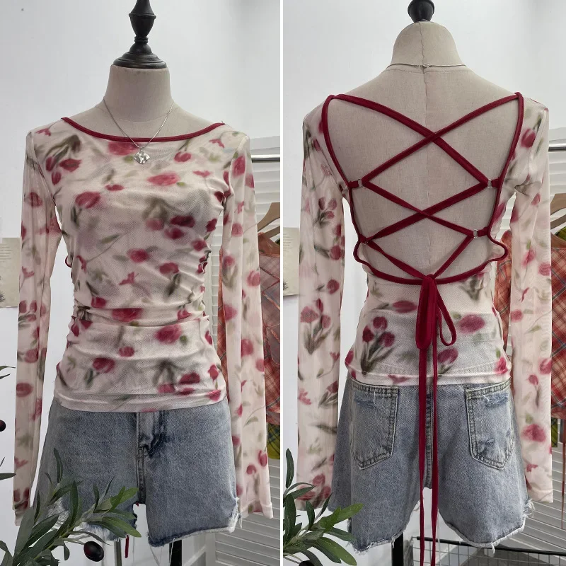 Женский сетчатый топ в стиле ретро облегающий прозрачный с контрастными