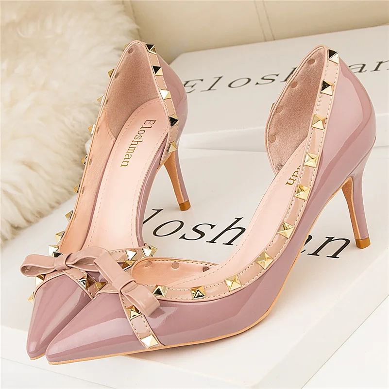 

Женские роскошные пикантные шарфы на высоком каблуке 7 см, блестящие кожаные свадебные заклепки, Короткие каблуки с бантом, полые