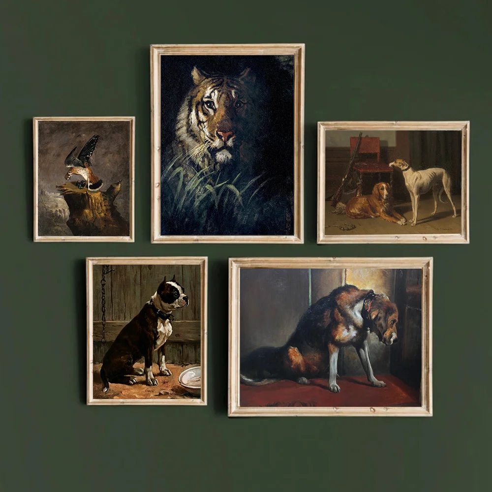 

Dark Academia Art Moody Animals Poster Prints For Gallery Living Room Home Decor Vintage Tiger Dog Canvas Painting Wall Art