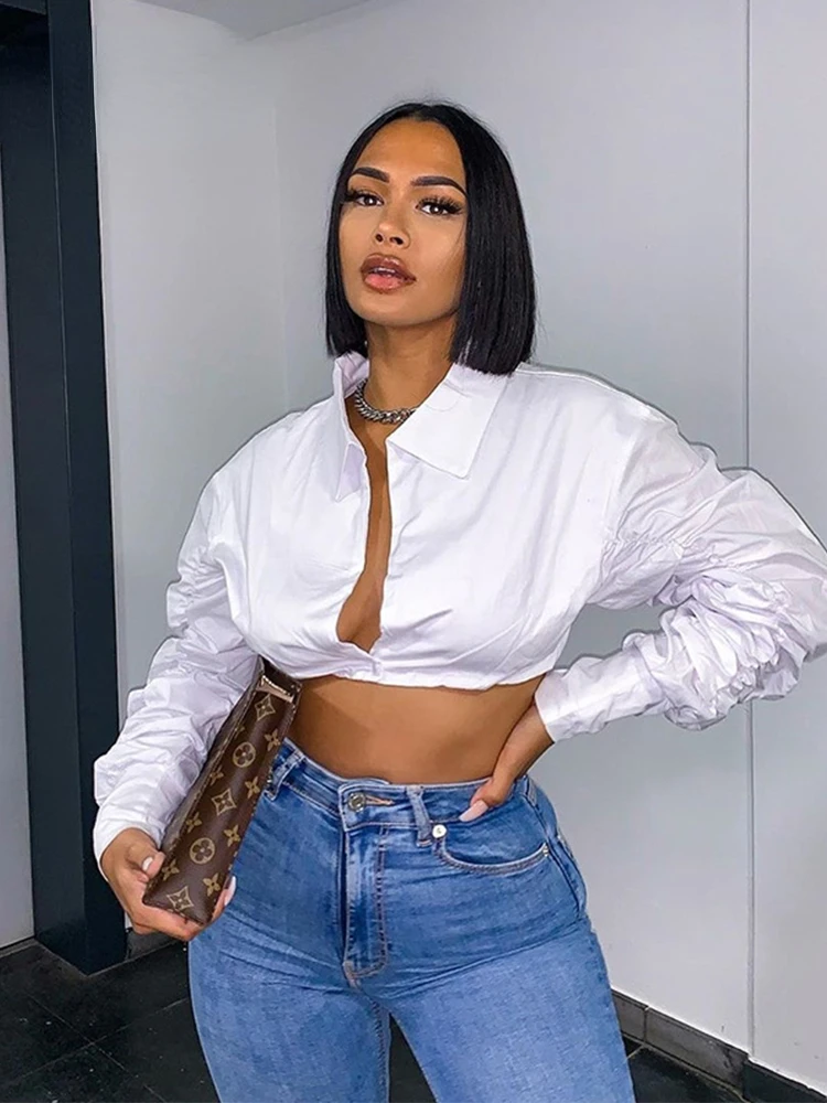 

Puff Sleeve White Blouse Shirts Women Autumn Deep V Neck Ruched Pleated Long Sleeve Lapel Crop Top Female Sexy Office Tee