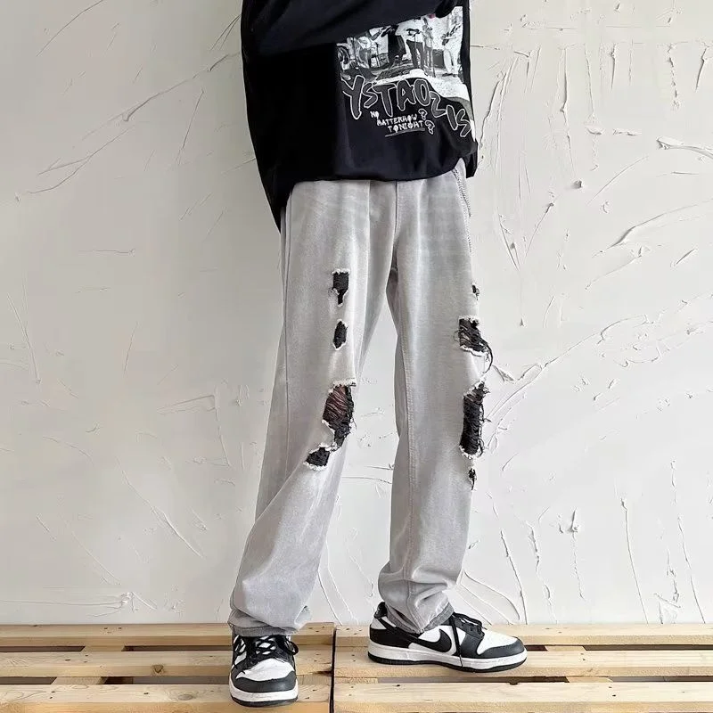 Summer Ripped Baggy Jeans Men Fashion Casual Straight Jeans Men Streetwear Hip Hop Loose Hole Denim Pants Mens Trousers S-3XL