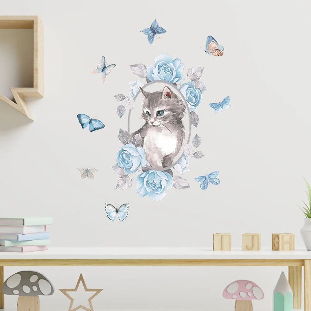 

Cat Butterfly Wall Sticker Removable PVC Waterproof Stickers Cartoon Cat Blue Flower Decor Decals Background Wall Decoration