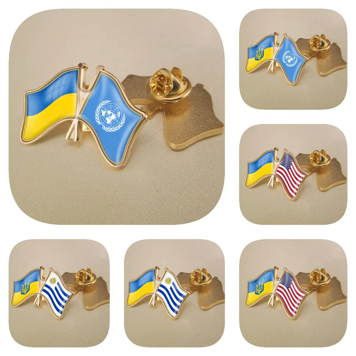 

Ukraine and United Nations United States Uruguay Double Crossed Friendship Flags Brooches Lapel Pins Bradges