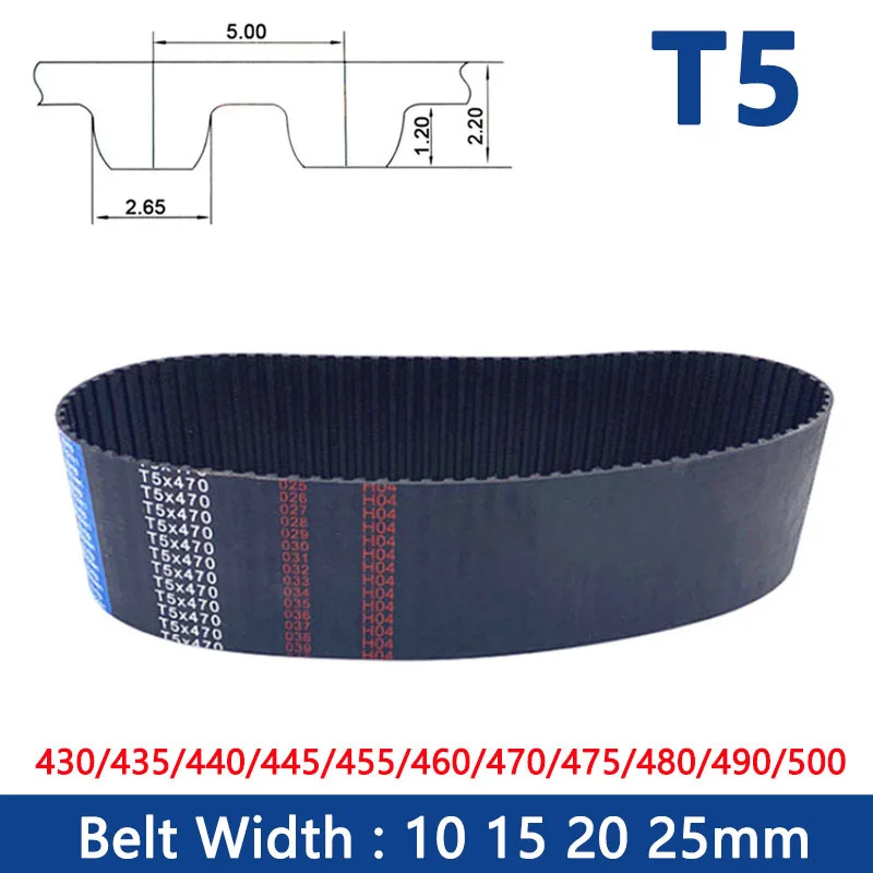 

1pc T5 Timing Belt Width 10/15/20/25mm Rubber Closed Synchronous Drive Belt Length 430/435/440/445/455/460/470/475/480/490/500mm