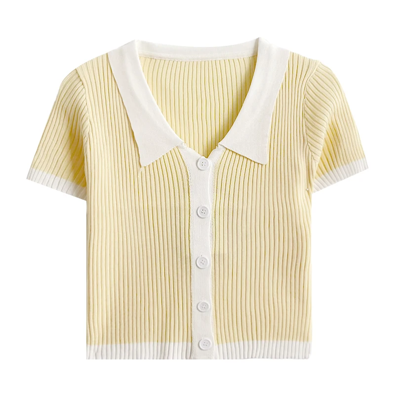 

Contrast color stitching POLO collar single-breasted slim fit short pit strip short-sleeved knitted T-shirt