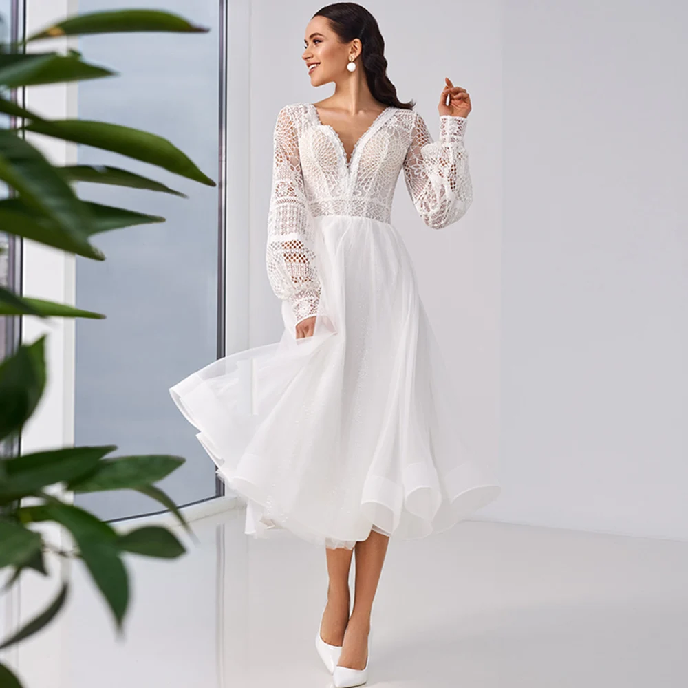 

Boho Wedding Dresses 2022 V-Neck Lantern Long Sleeves Tulle Dress Lace Illusion Button Back Tea Length Beach Bridal Gowns платье