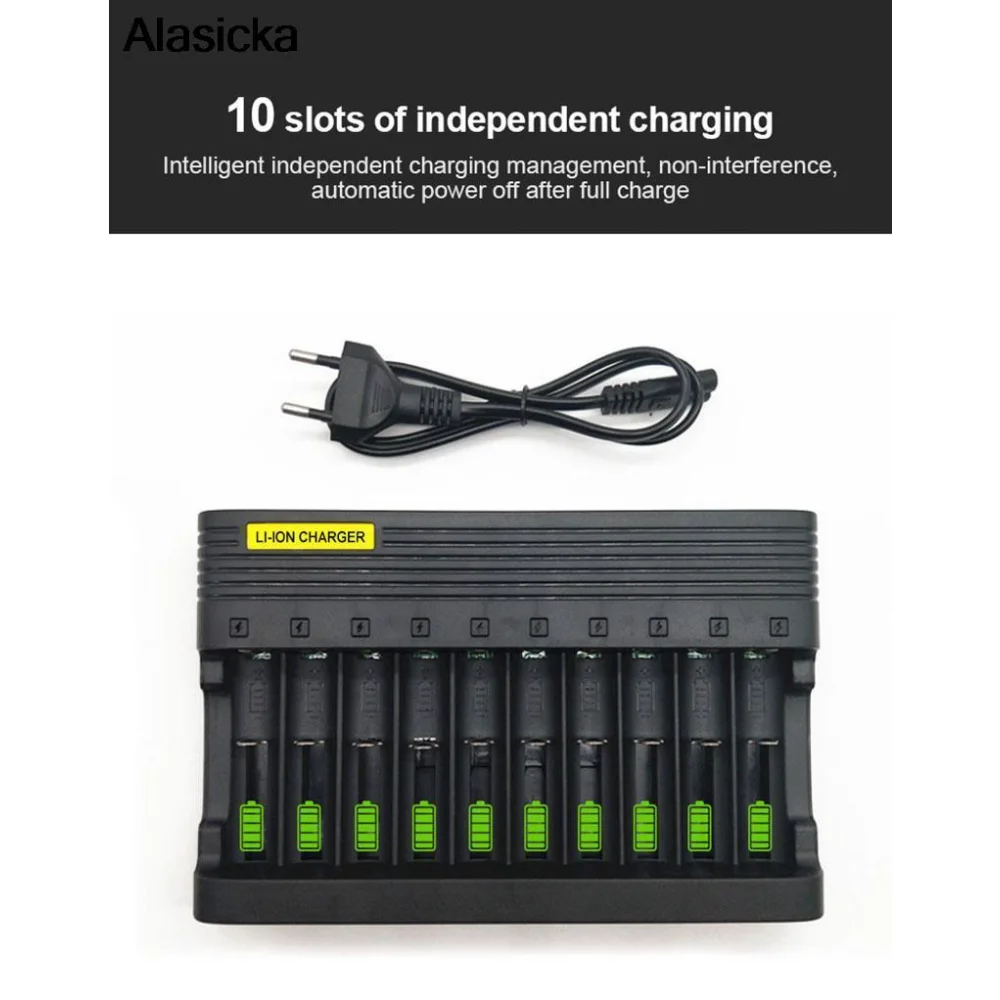 

Battery Charger 18650 10 Slots EU US Plug Smart Charging 4.2V Li-ion Rechargeable Battery Chargers 16340-14500-18650-17500