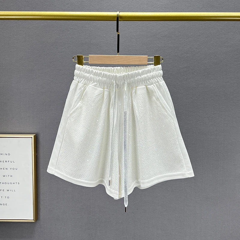Rhinestone Casual Shorts Women's Ultra-Thin 2023 New Summer Lace-up High Waist Loose Slimming European Goods Wide Leg Hot Pants