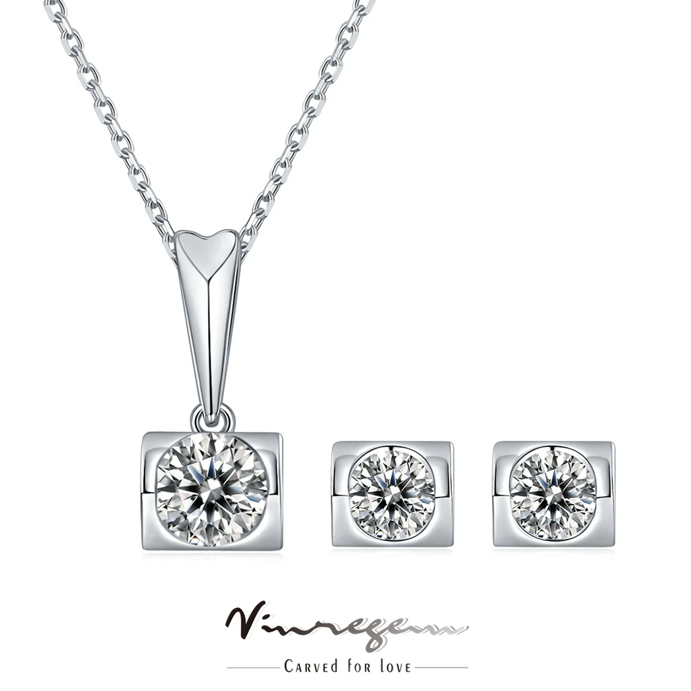 

Vinregem 925 Sterling Silver 18K White Gold 1CT Moissanite 100% Pass Test Diamond Necklaces/Earrings Fine Jewelry Sets Wholesale