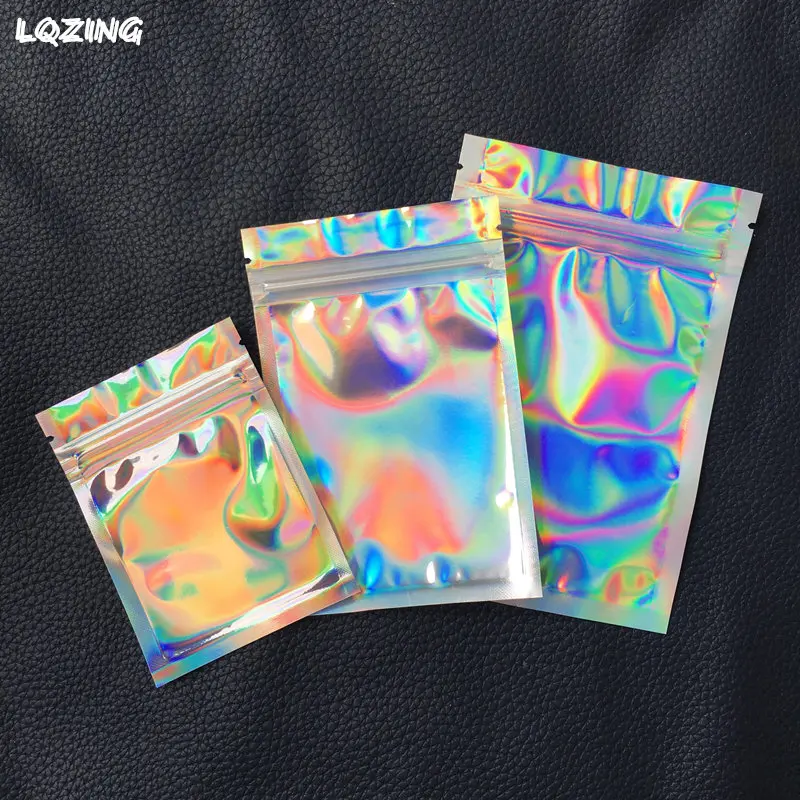

One-side Clear Window Holographic Laser Bags Small Business Food Storage Resealable Mylar Bags for Snack Jewelry Ziplock Baggies