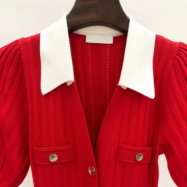 2023 Women Fashionable New Red Contrast Lapel Collar Metal Button Hollow Sexy Slim Fit Knit Dress France Pairs Free Shipping 6