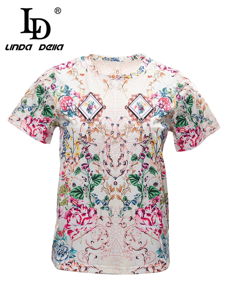

LD LINDA DELLA 2023 Summer Runway Designer Round Neck Vintage Extravagant Print Nail Bead Flower Color Slim Fit T-Shirt