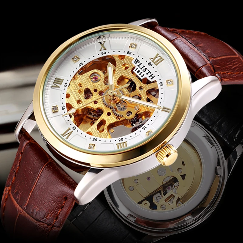 

Mens Luxury Skeleton Automatic Mechanical Wrist Watches Leather Stainless Steel Strap Self-Winding Wrist Watch
