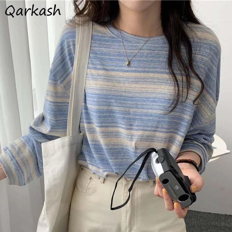 

Striped T-shirts Women Clothing Baggy Vintage Autumn Streetwear Aesthetic Harajuku Simple All-match Daily Girl Minority 2023 New