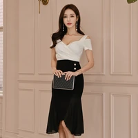 2022 summer new korean v neck short sleeve fashion elegant black and white stitching irregular fashion elegant high end dress