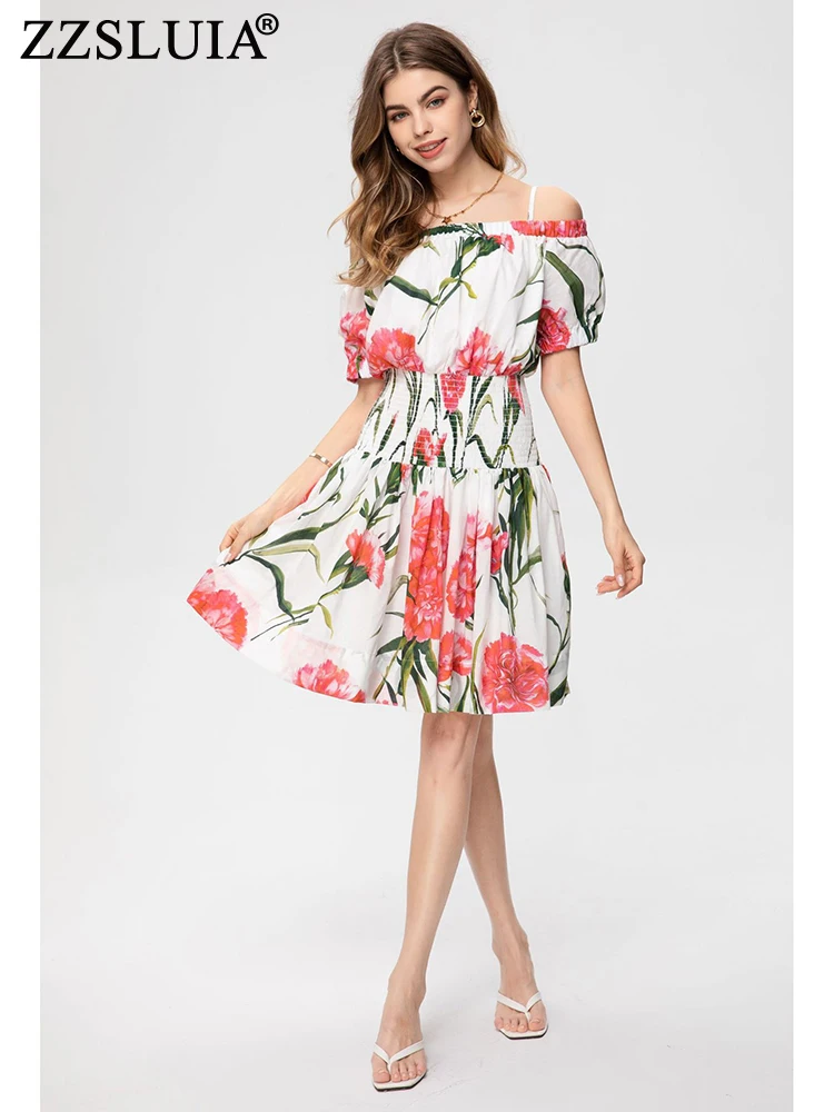 

ZZSLUIA элегантные платья для женщин с цветочным принтом вырезом лодочкой дизайнерское тонкое платье модные с открытыми плечами летние платья Женская ткань