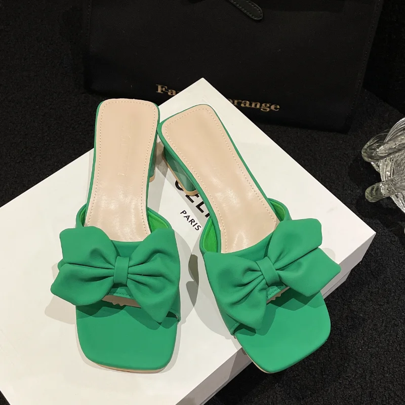 

2023 New Square Toe Female Shoes Ladies' Slippers Big Size Low Butterfly-Knot Flat Summer Slides Rubber zapatos de mujer