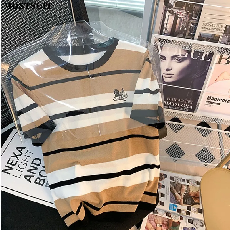 

2022 Summer Striped Knit Sweater T Shirt Women Embroidery Vintage Casual Ladies Loose Pullover Tees Top Short Sleeve Female Tops